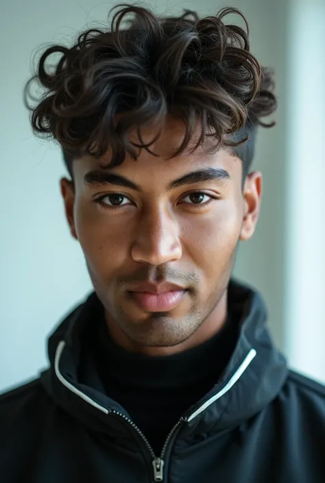 A young handsome men with futuristic clothes, close up, white lining hair, curly hair