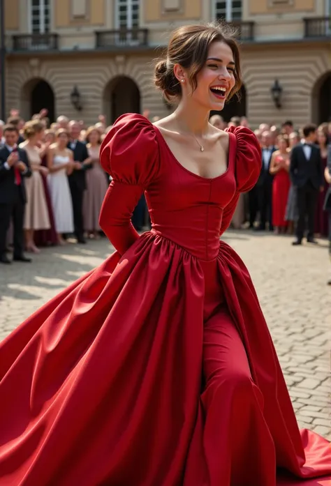 (realistic photograph close up victorian) (sideways birds eye view)++, (a big bust slender waist pleased beautiful orgasm looking kneeling hot lady with (messy hair bun)), (she is wearing (an exaggerated elaborate shiny red silk tight closed round neck dre...