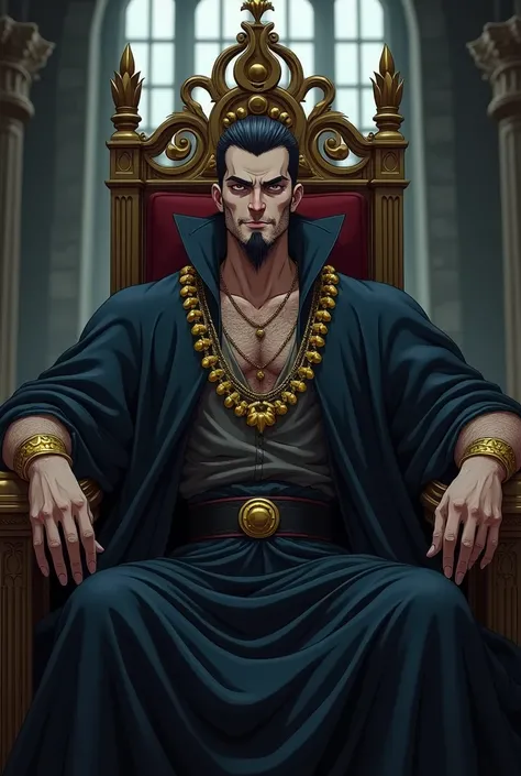 01 Man, strong, thin face, medieval gloomy look, goatee, thin and poty-thick sombrancels, short hair, smooth hairstyle back, large chops, evil smile, grey vest, gold chains on the neck, gold bracelets, black belt on the waist, sitting on a throne in the Pa...