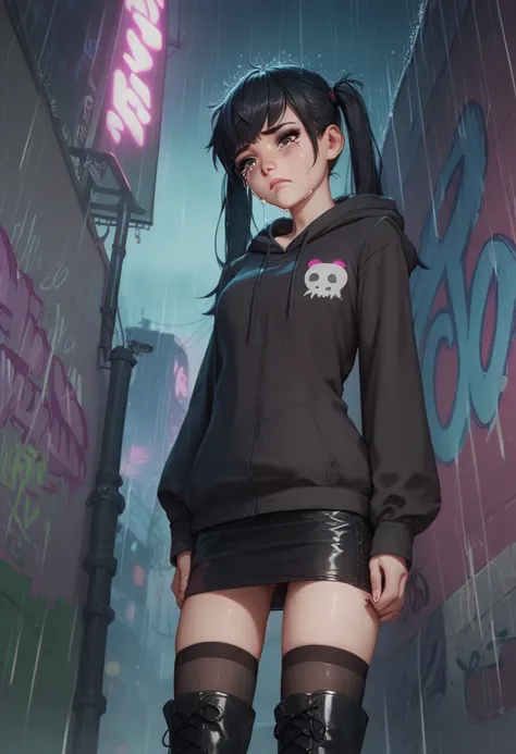 emo girl, bangs, black hair, thigh highs, long sleeves, twintails, standing, boots, short skirt, black thigh highs, slim, crying ((Tears)) looking down, leaning, black eyes, hoodie, graffiti background, rain, night, dramatic dark. 