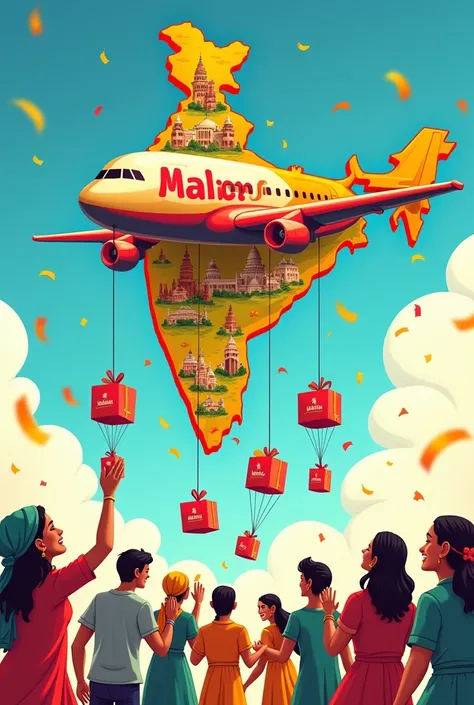 "Design a vibrant, cartoon-style illustration for an advertisement by Malabar Snacks. A playful, colorful airplane flies across a detailed map of India, showcasing iconic landmarks and cultural elements from various states. The airplane is branded with the...