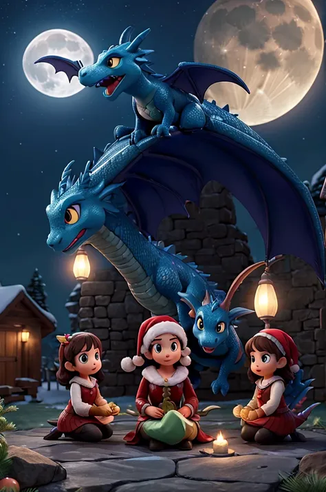 3 adult women on a moonlit night with the Christmas guardian dragon