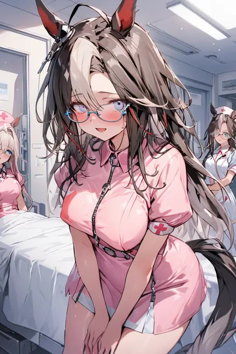 NSFW,masterpiece, top quality, high definition , very detailed,Dream Journey,Dream Journey(Horse Girl),Glasses,Two-tone hair,nurse, pink nurse outfit with chest enhancement, miniskirt,hospital,Hospital room