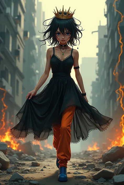 (masterpiece, best quality),  intricate details,
1girl,     ruined karma,  black dress top, crown, tears, crying, angry, 
 orange pants, blue footwear, walking towards viewer, destroyed city background, 
 spiked hair, aura, electricity,