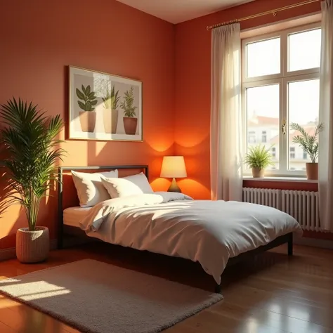 8K, photorealistic photos, nice teenagers living room, light brown walls, plant in a pot, no window, slightly reddish lighting from the lamp next to the bed, bed on a metal frame, white bedding, vivid colors, despite the lack of a window it is bright, brig...