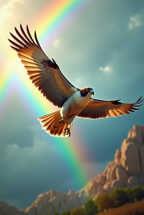 Falcon flying and rainbow 