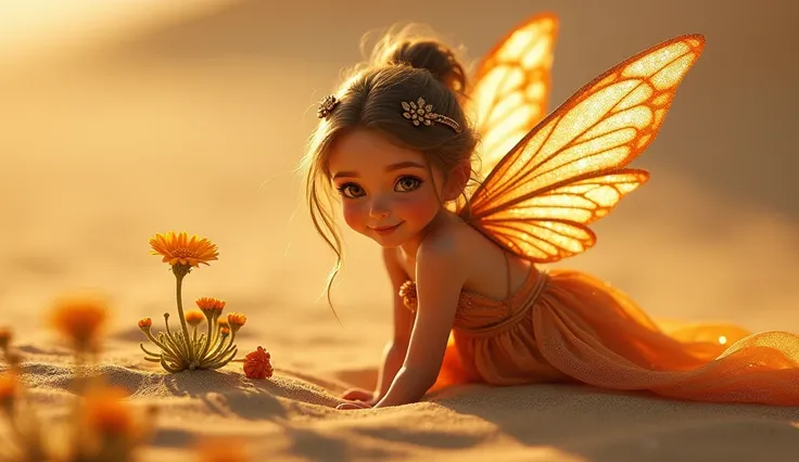 A close-up of a fairy with glittering wings and a glowing dress, meeting the viewer’s gaze with a mysterious smile. Tiny desert flowers bloom around her feet, adding a touch of color to the golden sands in the background."