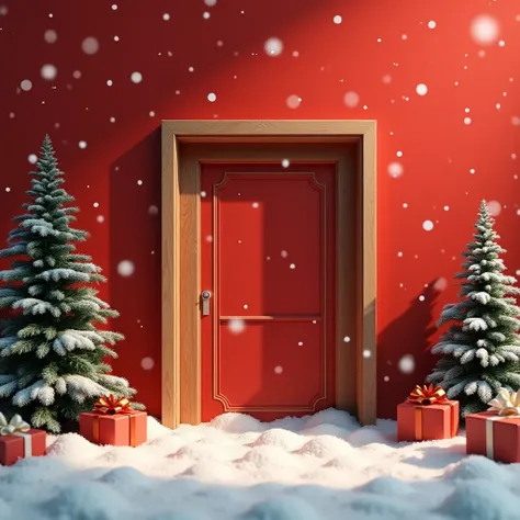 create a image for a business post but dont write anything on it, Christmas theme Red background with light snow fall with a big empty wood window thin angle in the middle, at one side of the angle should be a small door and on the other side should be a w...