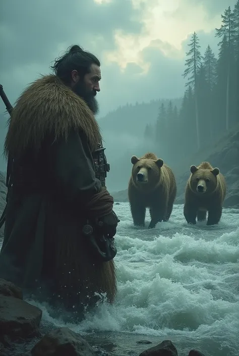 "A village chief orders the treasures of a villager and two bears to be thrown into the stream. His face is cold and he shows no remorse. The water churns under the cloudy sky and the bodies of the man and the bears are thrown into the water."