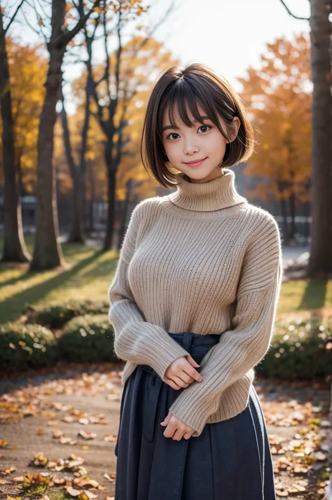 (8k, RAW photo, photorealistic, HQ, masterpiece), a cute Japanese girl,(glowing eyes), 
(light smile), brown hair, fluffy Pixie Bob hair, large breasts, curvy, (A big baggy wool sweater layered over a simply long skirt), 
standing pose, Seductive pose, (wi...