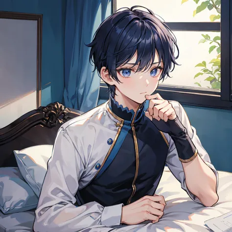 The dark-blue short-haired prince fell ill and is sleeping in bed, but he has a dignified expression