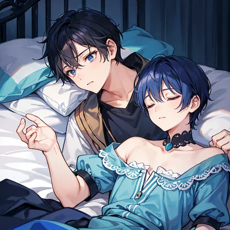 The dark-blue short-haired prince fell ill and is sleeping in bed, but he has a dignified expression