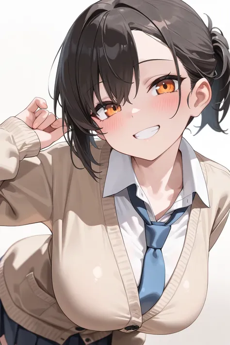 (Best quality, 4k, 8k, high resolution, masterpiece:1.2), ultra detailed, intricate details,SOLO,beautiful girl, alone, school uniform, short hair, hair in a ponytail, black hair with brown ends, orange eyes, large breasts,Saggy breasts, tie, cardigan, blu...