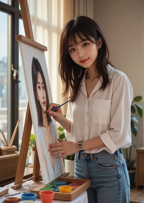    ultra-realistic image of a standing woman drawing a picture of a girl  ,   A colorful and detailed picture of a cute girl is drawn on a vertical easel、 paints and brushes are neatly arranged ,    She draws with a brush   .  Shes cozy  ,   a room with wa...