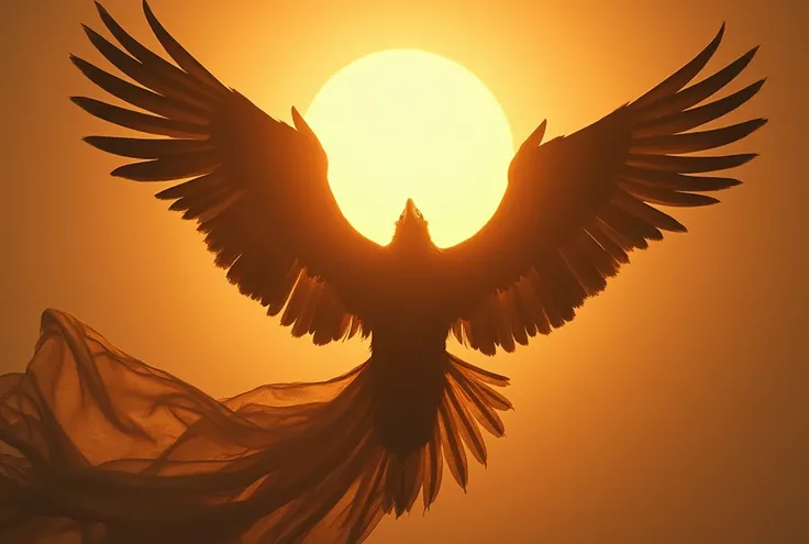 A dramatic, slow-motion shot of a golden sun casting its radiant light on a swirling, ethereal silk cloak. As the light intensifies, the silk begins to morph and contort, slowly taking the shape of a powerful black eagle. The eagle, bathed in golden light,...