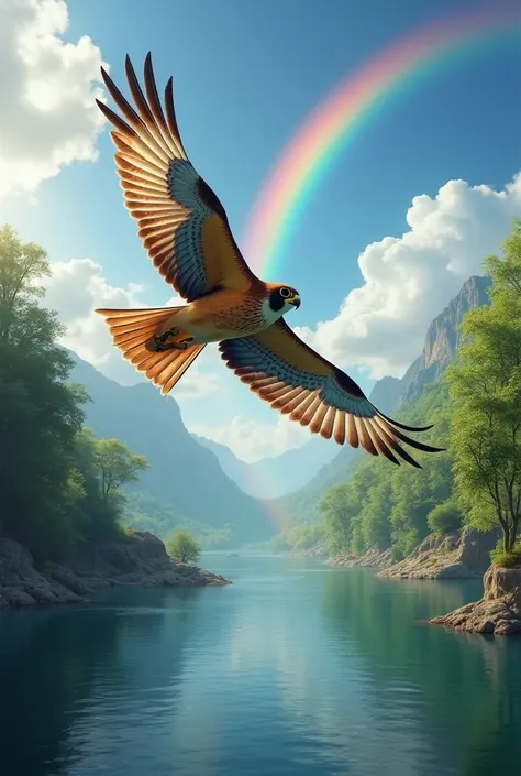 Falcon flying over the river and rainbow and 200 photo