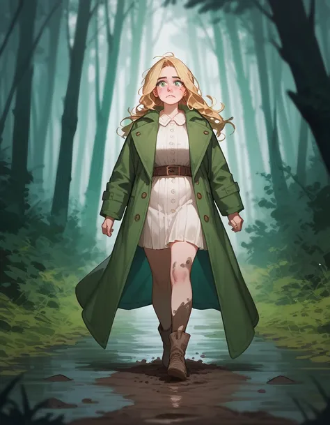  golden hair, in green eyes ,scary,cute,split hair ,Long coat,witch, image from the back, walking on muddy ground in a dark forest,milf,Depressing ,scary