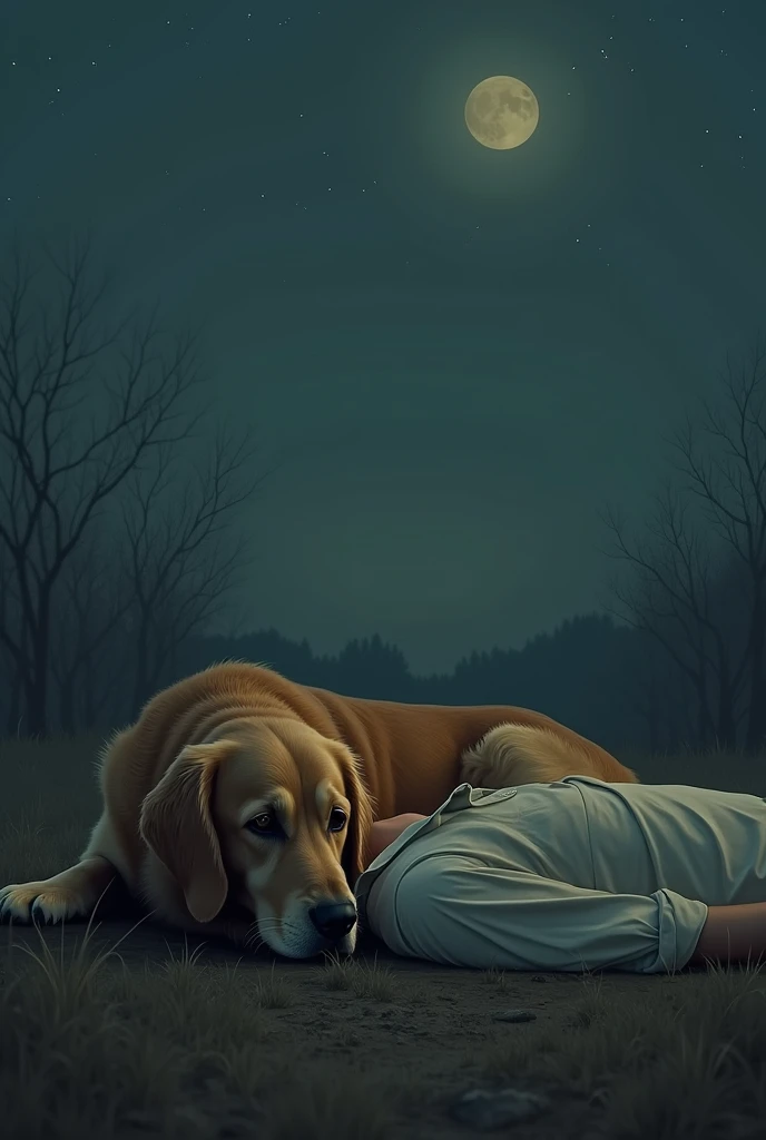 The golden retriever slowly lies down beside the man’s body. The scene is calm but tragic, with faint moonlight and stars overhead.