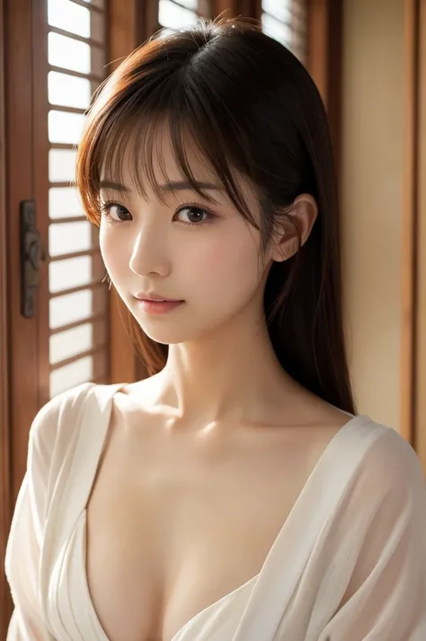  Japanese woman dressed elegantly under natural light 、 in close-up capturing her chest and gentle expression 、 showing her inner peace and outer charm。