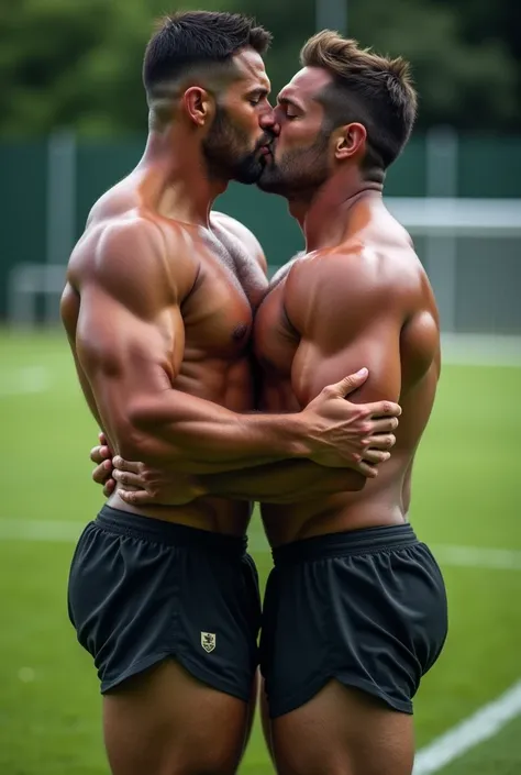 Two muscular men in tight football shorts kissing at football training. They are both 40 years old. Make photo very realistic. 