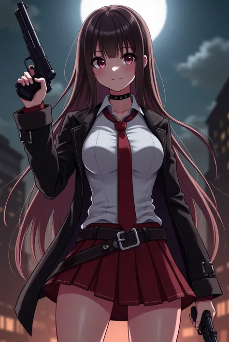 I would like a girl from remnant from the ashes game, hunter in an anime style with an alternate world night background.。I&#39;d like a tall, busty model in a miniskirt.。Equip each hand with a revolver。Please draw her in western clothes with long straight ...