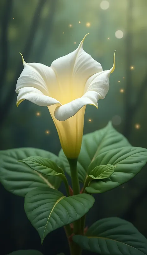 "Create a realistic image of a Datura flower (Oomathai poo) in full bloom, with its trumpet-shaped petals gently curving outward. The flower should appear delicate and luminous, with a soft white or pale purple color, and fresh green leaves surrounding it....