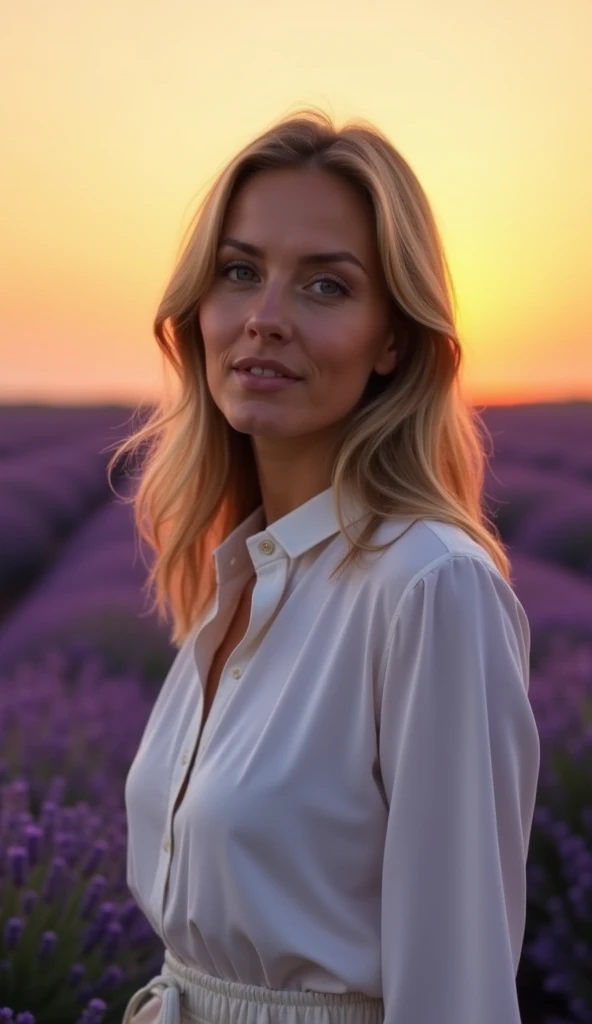 A 38-year-old woman standing in a lavender field at sunrise, dressed in a high-neck blouse.