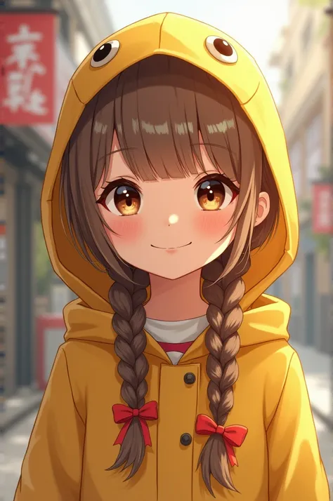 Shes a girl and she has a long braid with a red ribbon at the end of her braid and she also has bangs. Her hair color is light brown and her eyes are brown but have white rings in them. The girls clothing will be like a yellow raincoat and she will smile