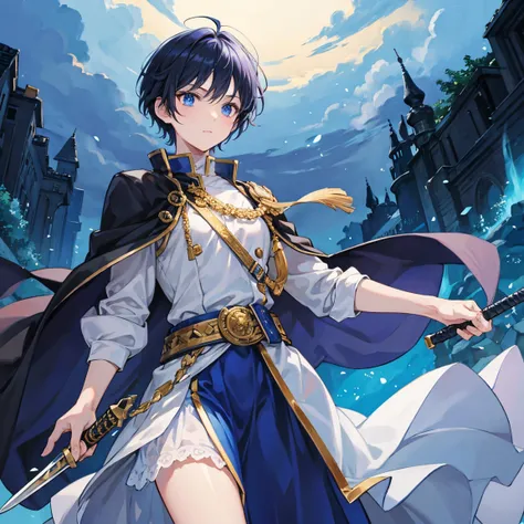 The dark-blue short-haired prince is wielding a decorated sword on the battlefield