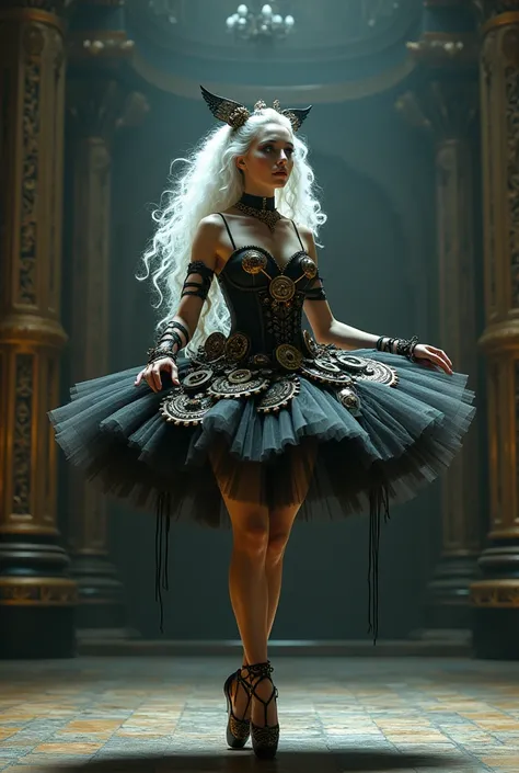 a beautiful  gothic steampunk ballerina with an extraordinary tutu, ballet shoes and long white curly hair, dramatic make up, very sexy, mystical athmosphere, on stage in a big theatre, steampunk style