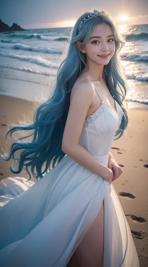 long light blue hair, curly hair, gorgeous white dress, beautiful girl,  girl, beach, princess, elegant, in the dark night, smiling, beautiful 