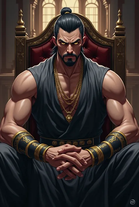 01 man , roasted fine,  dark medieval look ,  goatee,  thin and arched eyebrows ,  short hair,  smooth hairstyle back ,  big sideburns ,  evil emperor style ,  sleeveless gray vest ,  gold chains around the neck , gold bracelets , black belt around the wai...