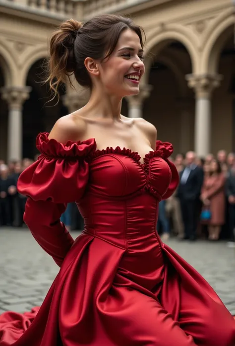 (realistic photograph close up victorian) (sideways), (a big bust slender waist beautiful smiling kneeling hot lady with (messy hair bun)), (she is wearing (an exaggerated elaborate shiny red silk tight closed round neck dress with (long extremely big puff...