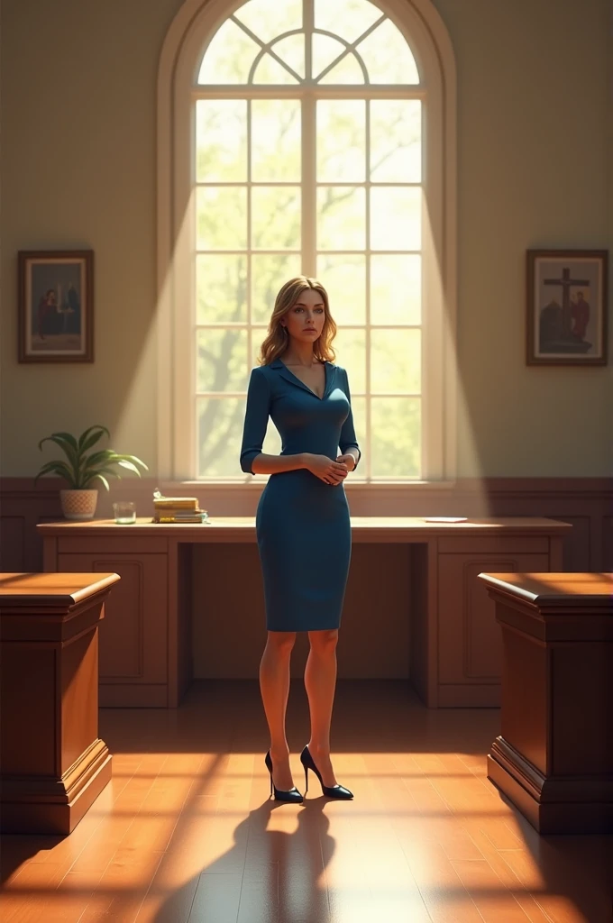 A well-lit pastors office in the morning, with a determined-looking woman in her 30s, wearing a blue dress and high heels, standing in front of a wooden desk."
