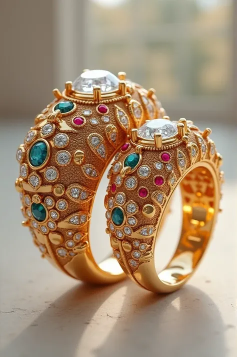 create a very large image of a couple ring with various motifs made of gold with precious stones