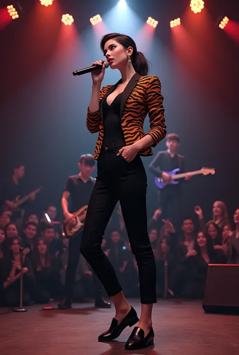  A beautiful woman wearing a tiger jacket , Suit Fit Black Teak Rock,  BOAT leather shoes were holding a singing microphone.  The scene above the stage was a guitar playing and the Band ,  people were watching . 3d human real image . 