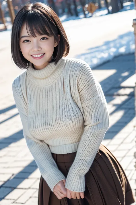 (8k, RAW photo, photorealistic, HQ, masterpiece), a cute Japanese girl,(glowing eyes), 
(light smile), Rimless Glasses, brown hair, fluffy Pixie Bob hair, large breasts, curvy, (A big baggy wool sweater layered over a simply long skirt), 
standing pose, Se...