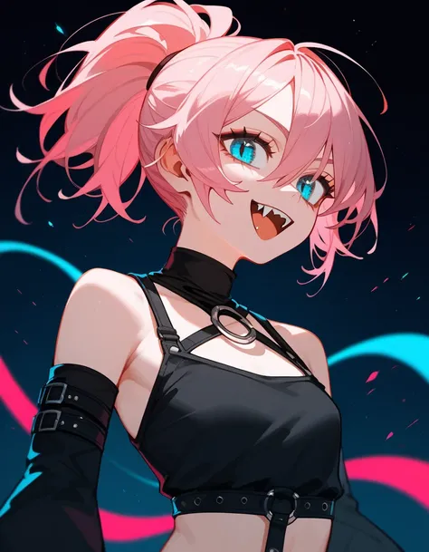 girl,Tan,Light pink hair,  in blue eyes , Small fangs , dark rings under the eyes,  3-sided ponytail , Killer shirt  ,Multiple belts  , Middle chest, , square sleeves  , Medium Bust