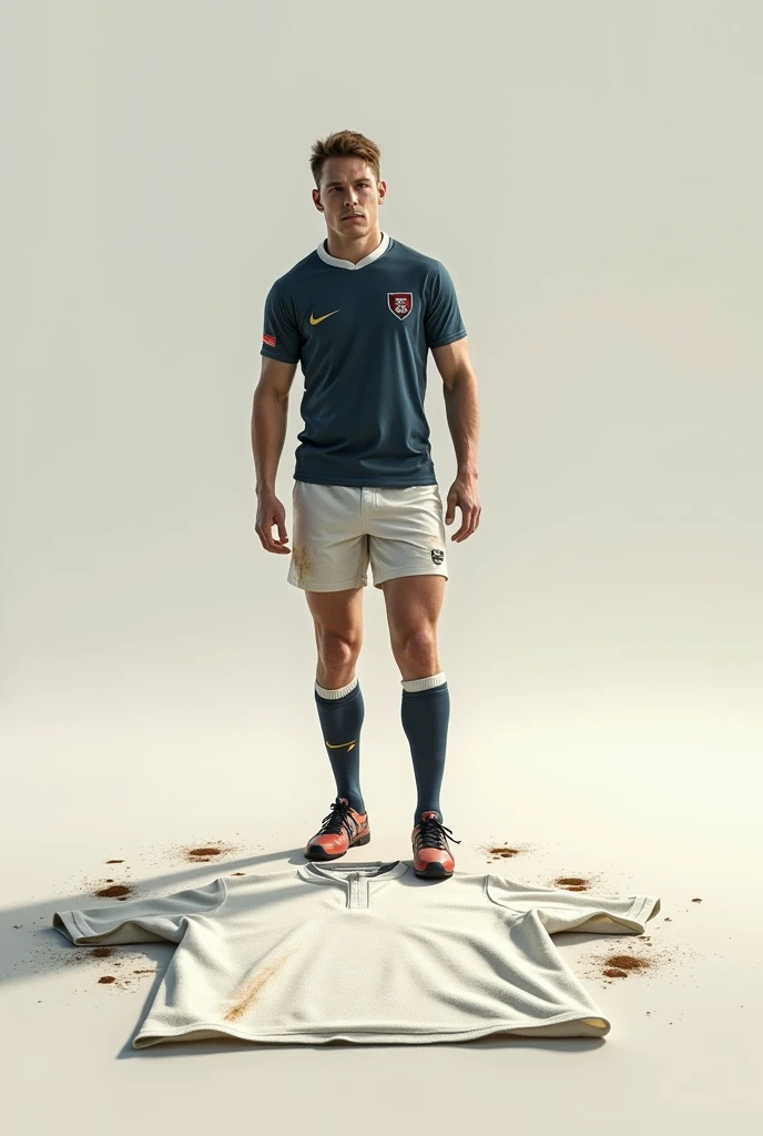 Un rugbyman  marche sur une chemise blanche par terre avec ses pieds . Des traces de boue sont  visibles sur la chemise blanche posée au sol. On voit le jeune homme  entièrement , debout les pieds sur la chemise.