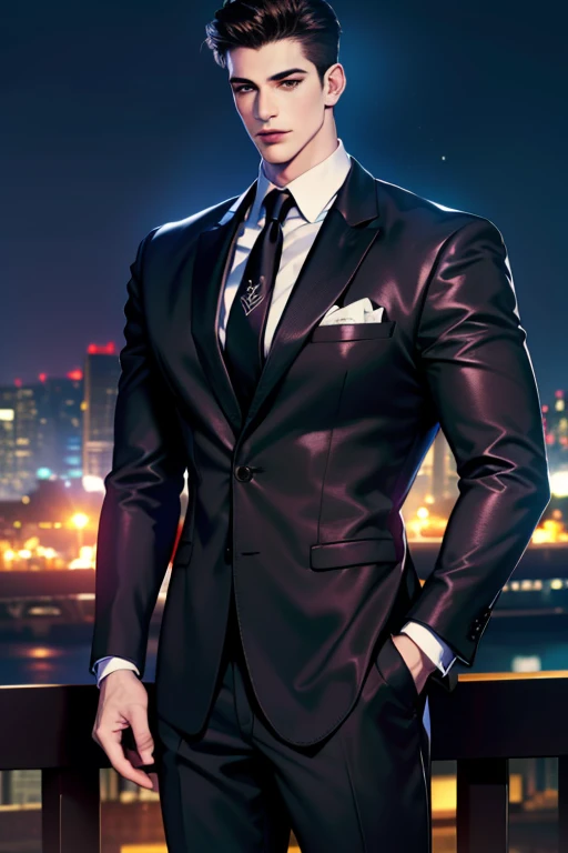 (absurdres, highres, ultra detailed, realistic, ), 1 male, solo, adult, mature, tall muscular guy, broad shoulders, handsome, very short hair, black hair, brown eyes, angular jaw, thick neck, thick eyebrows, night, dark, the night view of the city backgrou...