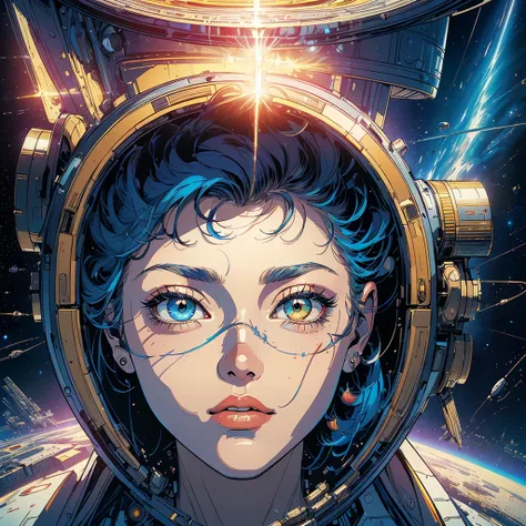 (((  Masterpiece ,   top quality))),32K Wallpaper,   very detailed, poster, Retro Vintage ,(((((near-future space thriller Poster))))),((((More Angles)))),((    heterochromia )),(((  extremely talented  ))),((( most complex machine  ))),((( extremely intri...