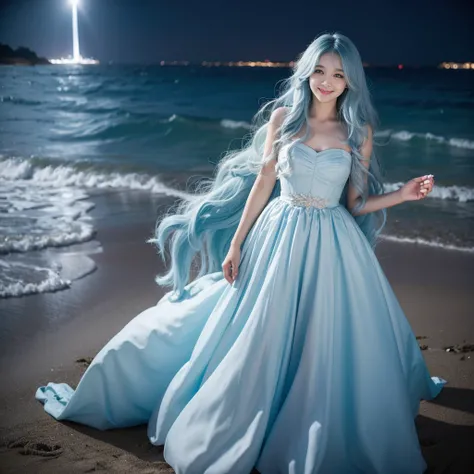 long light blue hair, curly hair, gorgeous white dress, beautiful girl,  girl, beach, princess, elegant, in the dark night, smiling, beautiful 