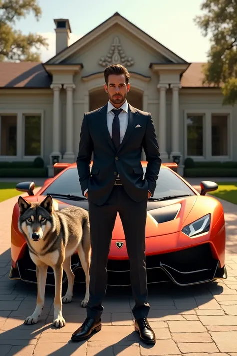 A man in front of his house with a lamborguine Evo Spynder on his side and also a wolf