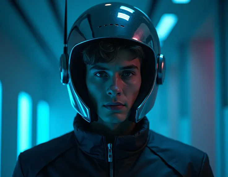 A young man wearing a foil helmet with an antenna, in 8K resolution