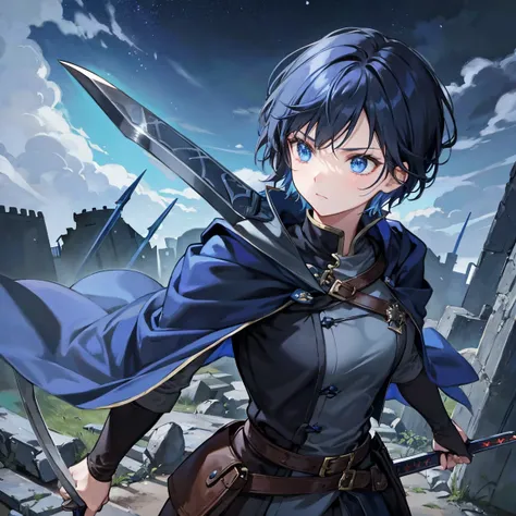 A dark-blue short-haired wizard wields an adorned sword on a ruined medieval battlefield