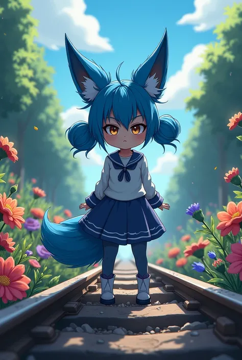 Final episode , Blue Fox Tail Girl with Two-pronged Pigtails,Train ,flower garden