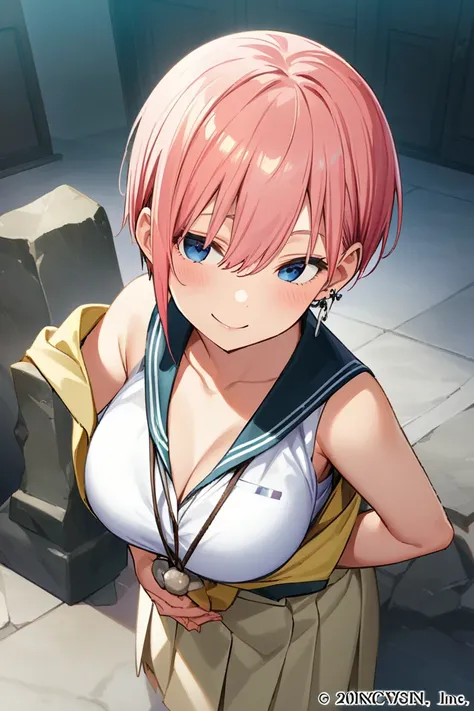 best quality,official art,Nakano Ichika,  short hair, bangs,  hair between eyes,  pink haired , 巨乳 フォーマルドレス smile ソロ,school uniform,  hair between eyes, Bare shoulders, clavicle,  clevis on a stone, smile,  earrings,  standing with different breasts , 
