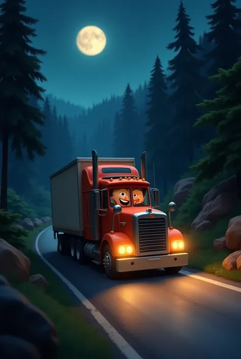 Photograph of a cheerful trucker driving a short distance
Overnight crossing a wooded area

The vehicle is brown and red