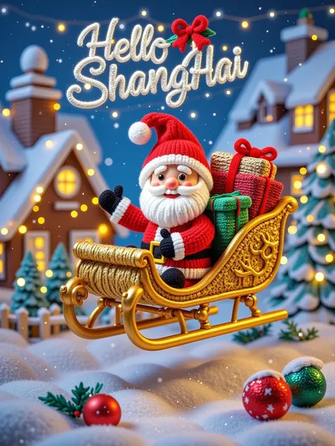 Woolen yarn, hand woven, Micro Landscape, A vibrant CGI Christmas scene. There is a shiny logo on the screen with white letters that read Hello ShangHai. Santa Claus happily sat on a golden sled filled with gifts,Flying in the sky. The house behind him and...