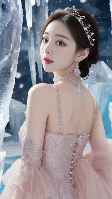 A formidable and beautiful goddess、Large gorgeous Breasts、Stand gracefully、(The most luxurious ice palace background:1.4)、(Mysterious fairy tale light blue fog:1.15)、The background is a well-designed ice palace、Beautiful ice ceiling、(Palace interior backgr...